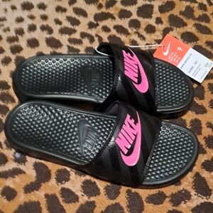 Nike Women's Black Slide Sandals with Pink Logo